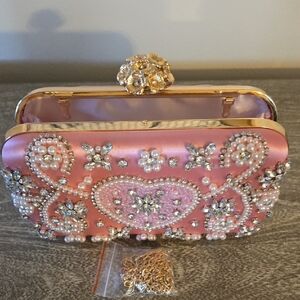 Beaded Pink Satin Embellished Clutch with Gold Accents